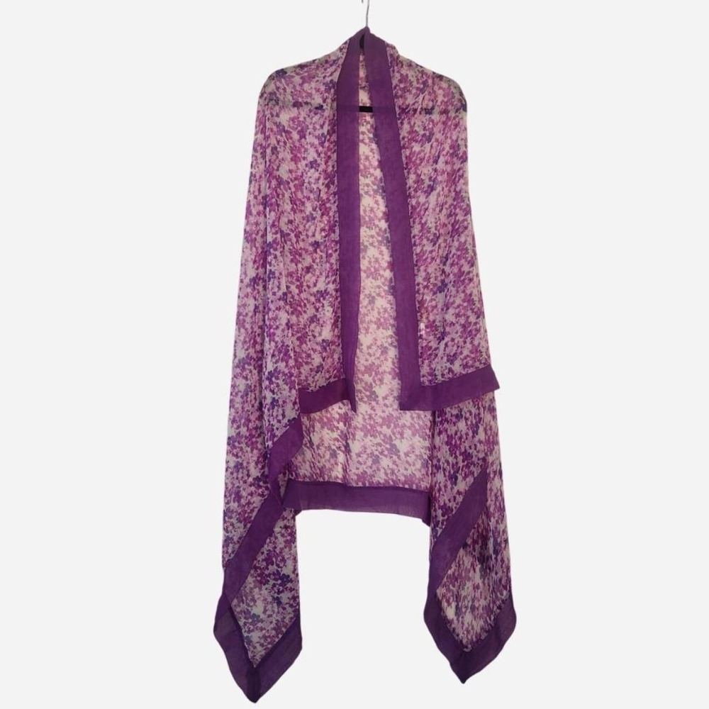 Italian Floral Sheer Shawl Cover Up Beachwear Boho Cottage Purple White